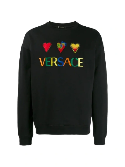 Shop Versace Hearts And Logo Embroidered Sweatshirt In Black