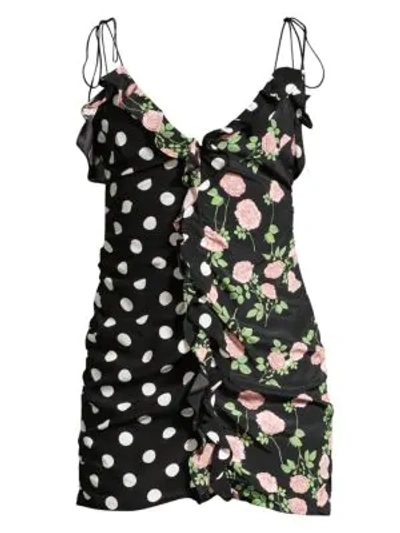 Shop For Love & Lemons Mochi Shirred Polka Dot & Floral Mini Dress In Noir Roses