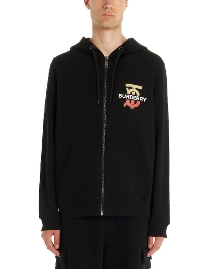 Shop Burberry Embroidered Logo Zipped Hoodie In Black