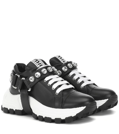 Shop Miu Miu Embellished Leather Sneakers In Black