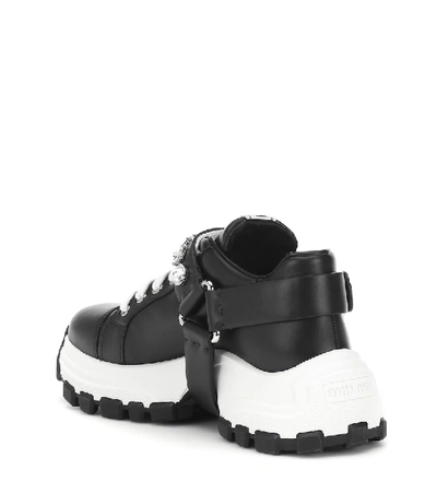 Shop Miu Miu Embellished Leather Sneakers In Black