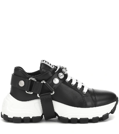 Shop Miu Miu Embellished Leather Sneakers In Black