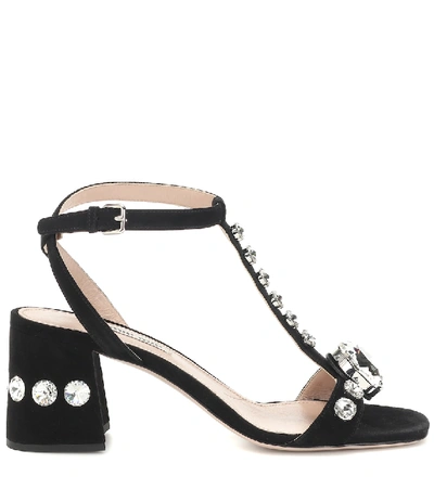 Shop Miu Miu Embellished Suede Sandals In Black