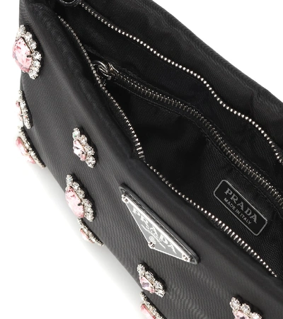 Shop Prada Embellished Nylon Shoulder Bag In Black