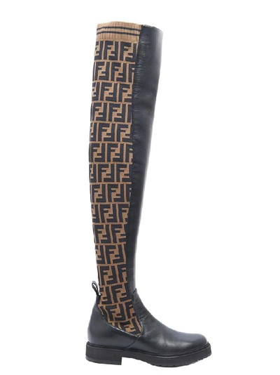 Shop Fendi Ff Logo Thigh High Boots In Brown