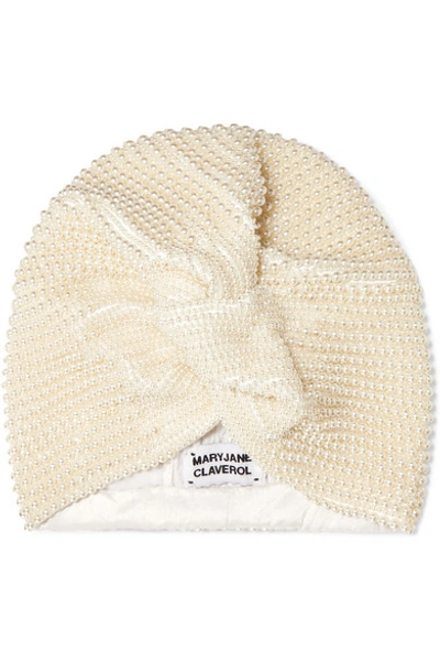 Shop Mary Jane Claverol Frankie Faux Pearl-embellished Stretch-crepe Turban In White