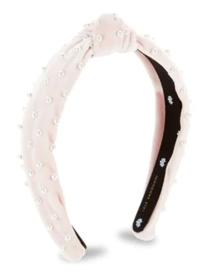 Shop Lele Sadoughi Petite Faux-pearl Embellished Velvet Knot Headband In Blush