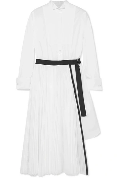 Shop Sacai Belted Pleated Poplin And Piqué Midi Dress In White
