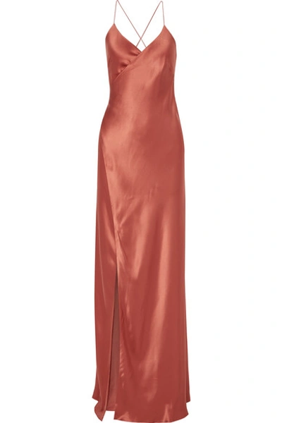 Shop Michelle Mason Open-back Silk-satin Wrap Gown In Brick