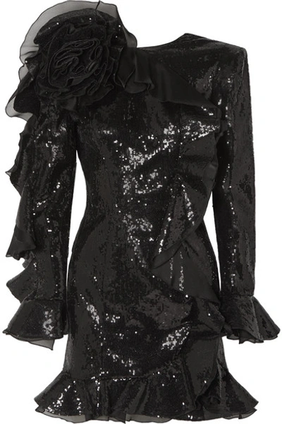 Shop Dundas Ruffled Organza-trimmed Sequined Crepe Mini Dress In Black