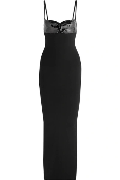 Shop Herve Leger Sequin-embellished Stretch-knit Gown In Black