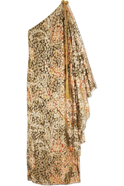Shop Dundas One-shoulder Printed Metallic Fil Coupé Silk-blend Maxi Dress In Gold
