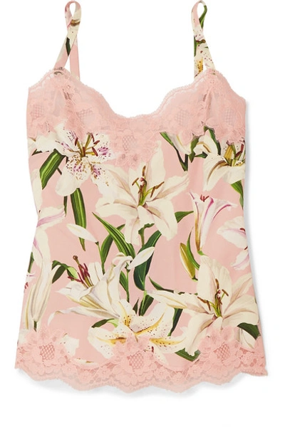 Shop Dolce & Gabbana Lace-trimmed Floral-print Silk-blend Camisole In Blush