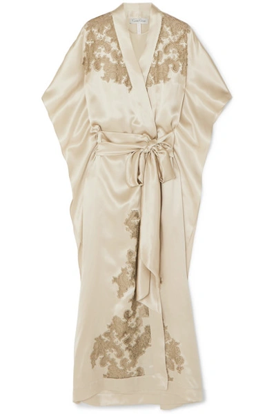 Shop Carine Gilson Chantilly Lace-trimmed Silk-satin Robe In Gold