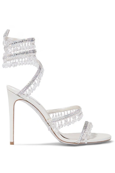 Shop René Caovilla Cleo Embellished Metallic Satin And Leather Sandals In Silver