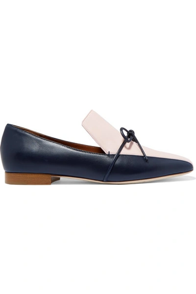 Shop Malone Souliers + Roksanda Celia Bow-detailed Two-tone Leather Loafers In Navy