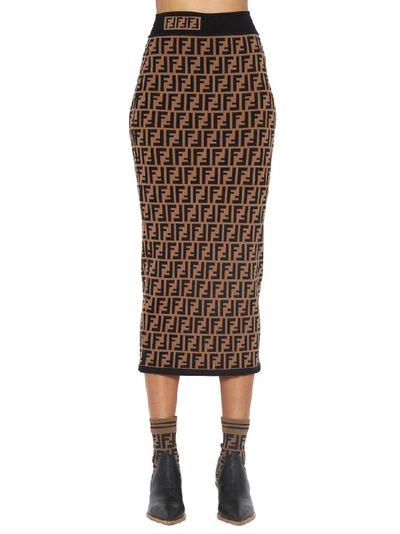 Shop Fendi Ff Monogram Midi Skirt In Brown