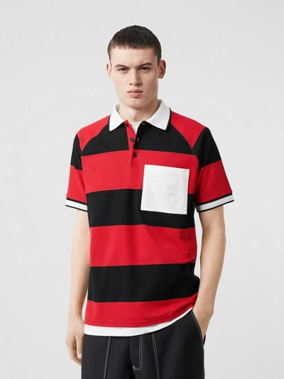 Shop Burberry Striped Cotton Piqué Oversized Polo Shirt In Black/bright Red