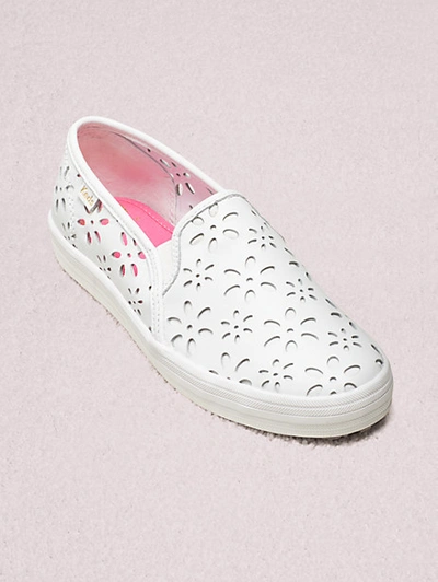 Shop Kate Spade New York Double Decker Perforated Leather Sneakers In White/bright Peony