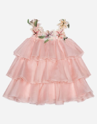 Shop Dolce & Gabbana Silk Organza Dress With Flower Appliqué In Pink