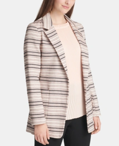 Shop Dkny Striped Jacquard Open-front Jacket In Guava/black/white