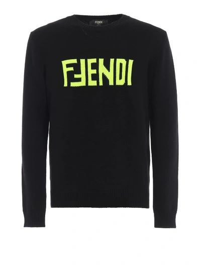 Shop Fendi Wording Knit In Nero Giallo Fluo