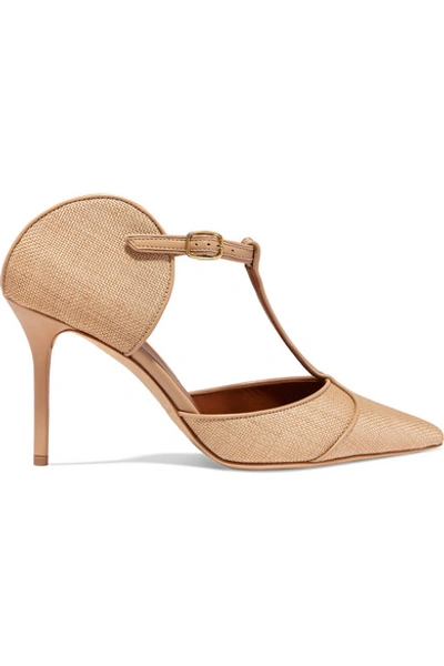 Shop Malone Souliers Imogen 85 Leather-trimmed Raffia Pumps In Beige