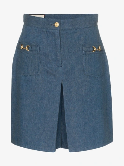 Shop Gucci High Waist Horsebit Denim Shorts In Blue