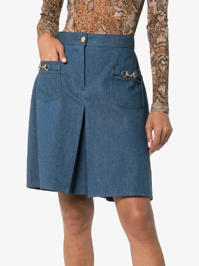 Shop Gucci High Waist Horsebit Denim Shorts In Blue