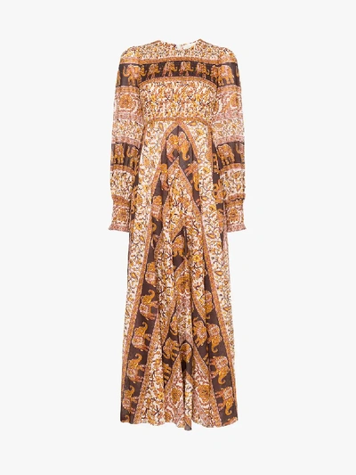 Shop Zimmermann Suraya Elephant Print Smocked Maxi Dress In Brown