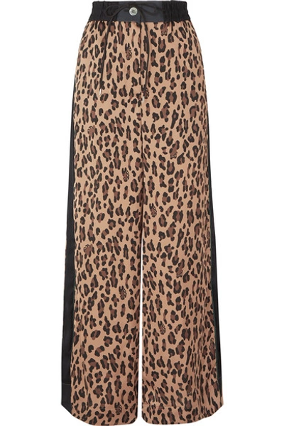 Shop Sacai Leopard-print Satin And Chiffon Wide-leg Pants In Beige