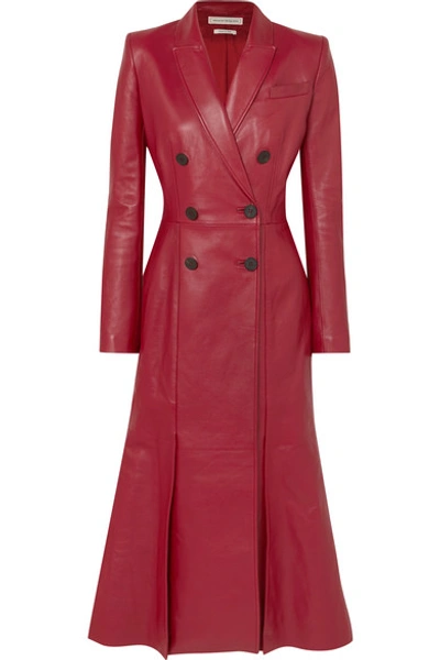 Shop Alexander Mcqueen Double-breasted Pleated Leather Coat In Red