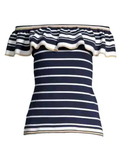 Shop Lilly Pulitzer Women's Perelle Striped Off-the-shoulder Ruffle Sweater In True Navy