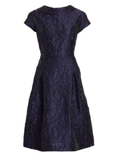 Shop Teri Jon By Rickie Freeman Floral Jacquard Cap Sleeve A-line Dress In Navy