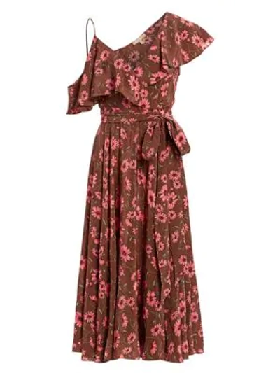 Shop Michael Kors Floral Silk Asymmetrical Ruffle Dress In Rosewood Cocoa