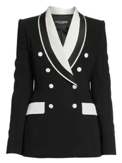 Shop Dolce & Gabbana Double Breasted Stretch Silk & Wool Contrast Blazer In Black