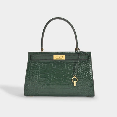 Shop Tory Burch Lee Radziwill Embossed Small Satchel In Green Calfskin