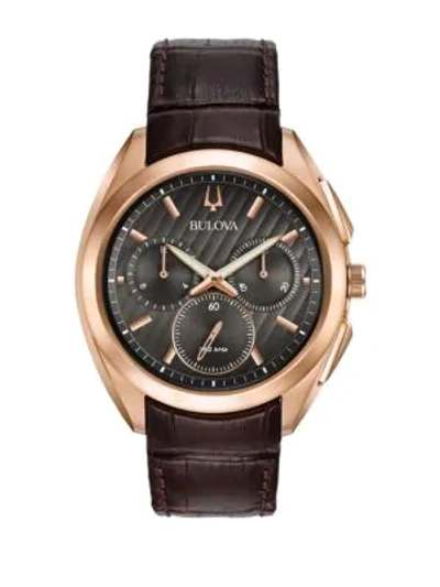 Shop Bulova Men's Curv Stainless Steel Chronograph Leather Strap Watch In Brown