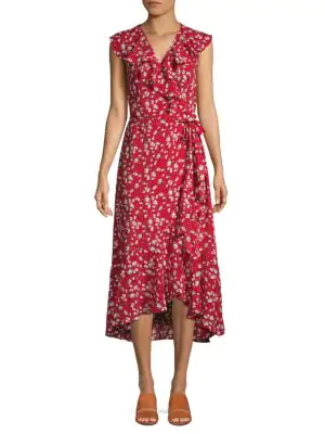 max studio patterned ruffle wrap midi dress