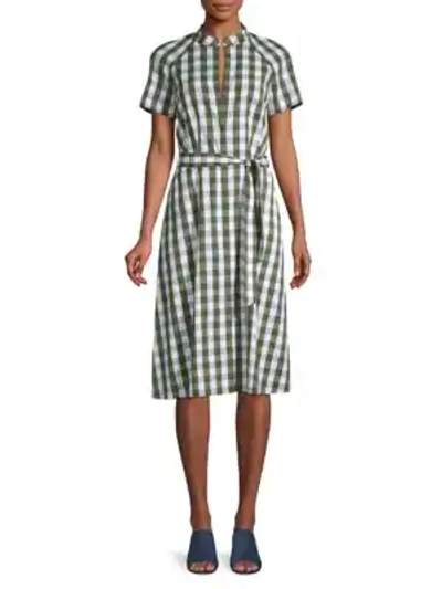 Shop Lafayette 148 Checked-print Cotton Blend Knee-length Dress In Ficus