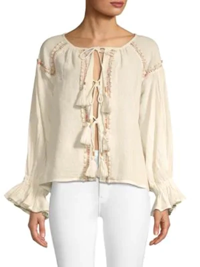 Shop Raga Front-tie Cotton Blouse In Eggshell
