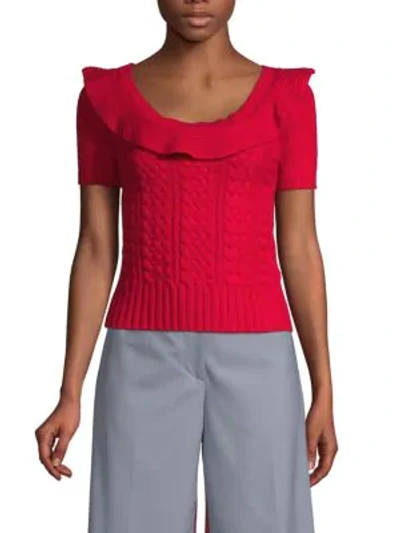 Shop Valentino Ruffle-trimmed Cable-knit Cashmere Top In Red