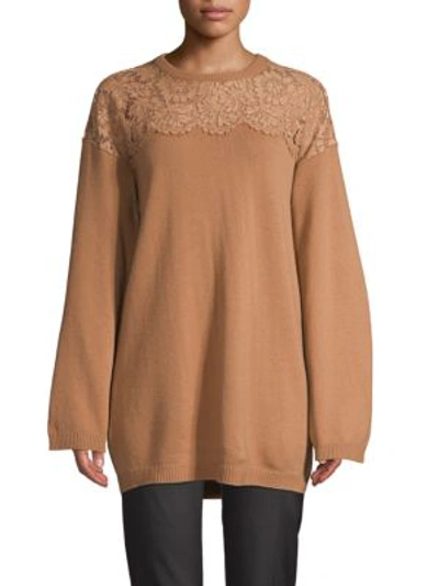 Shop Valentino Lace-yoke Sweater In Latte