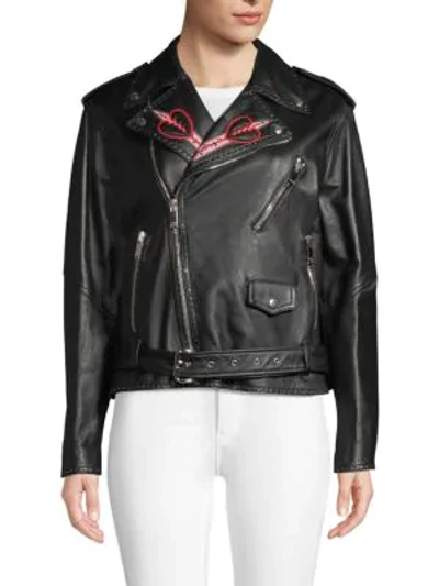 Shop Valentino Embroidered Leather Jacket In Nero