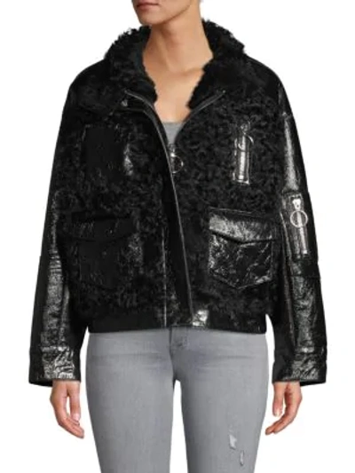Shop Nicole Benisti Prince Shearling Trim Metallic-leather Jacket In Black