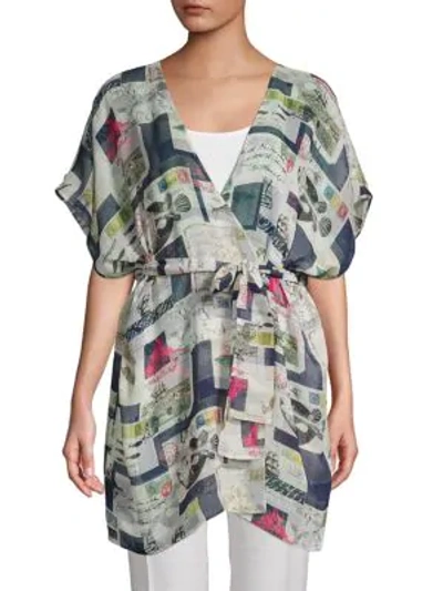 Shop Oscar De La Renta Mixed-print Silk Kimono In Navy