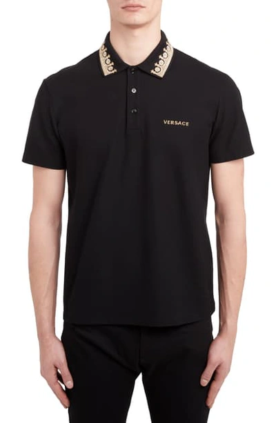 Shop Versace Embroidered Collar Polo In Black