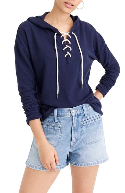 Shop Jcrew Lace-up Swing Hoodie Pullover Sweatshirt In Navy