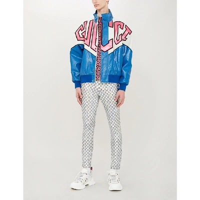 Shop Gucci Logo-print Leather Bomber Jacket In Bluette Mc