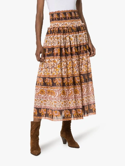 Shop Zimmermann Suraya Smocked Elephant Print Skirt In Brown